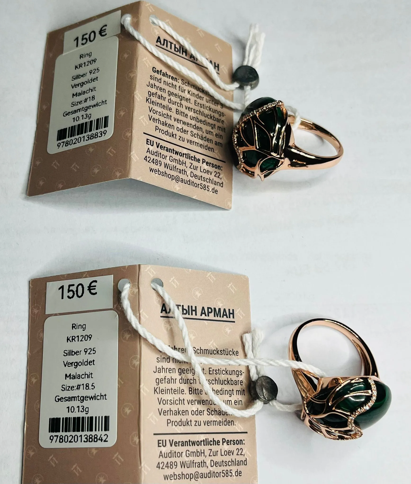 Ring und Halskette mit grünem Stein, Silber 925 vergoldet